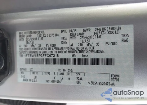 2015 Ford F-150 Xlt из США, поврежденный, VIN 1FTEW1EP3FFC67218